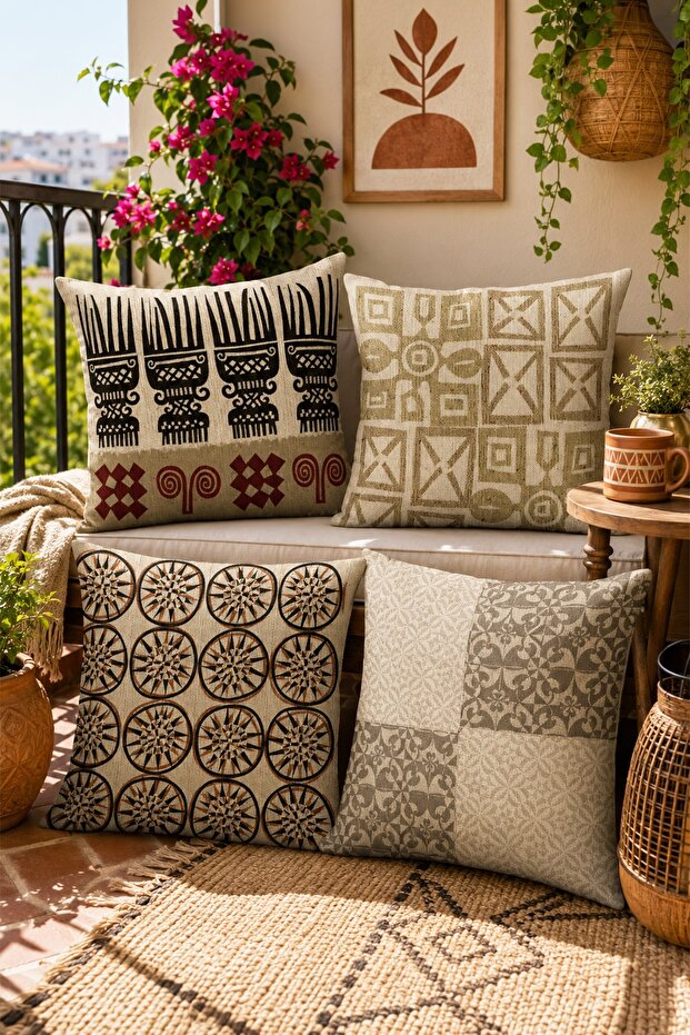 Antique Mexican Patterned 4-Piece Throw Pillow Cover Set