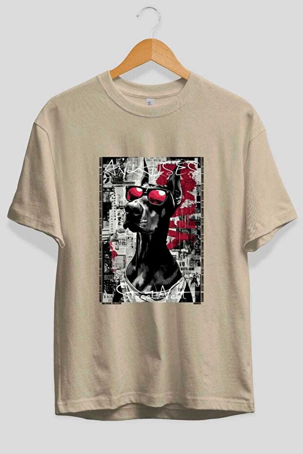 For Dog Lovers 16 Front Dog Prints Beige Oversize T-Shirt 100% Cotton Unisex Dog Lover Premium Design