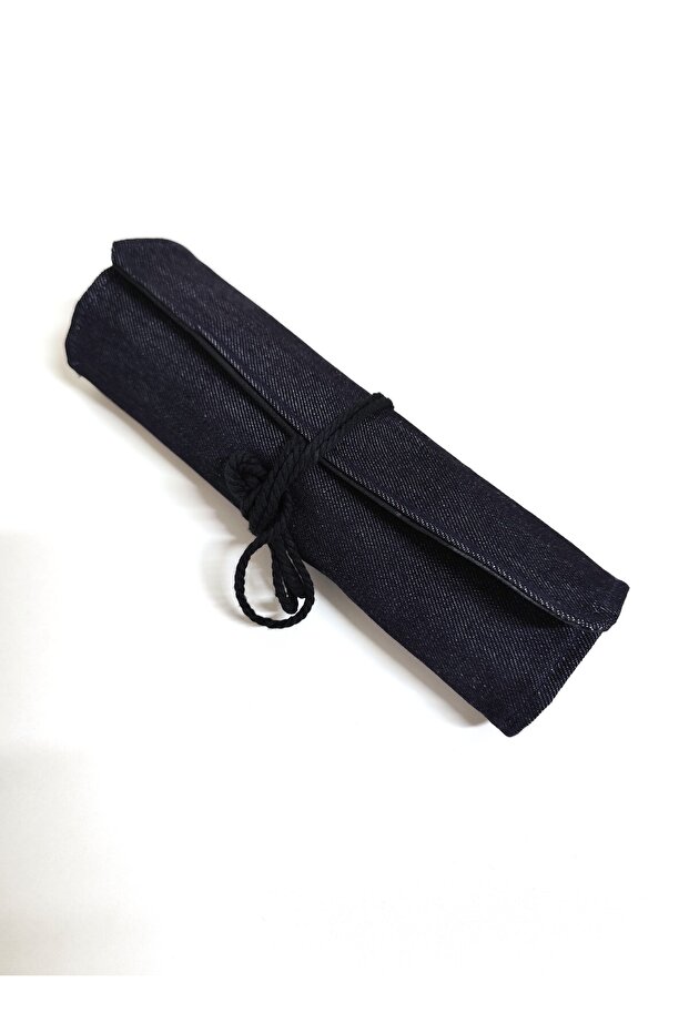 Navy Blue Denim Roll-Up Brush Pen Holder