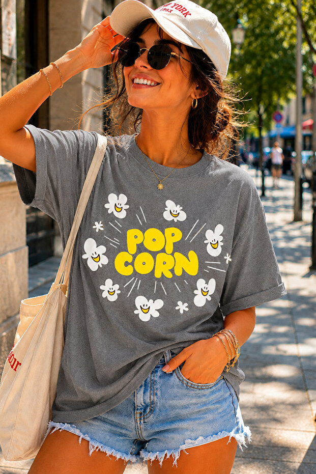 Popcorn Printed Unisex Oversize T-Shirt – Cotton Crew Neck Casual T-Shirt