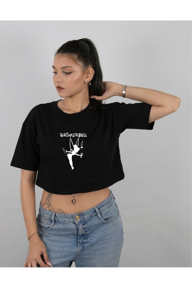 Women's Black White Gray Drinkerbell Printed Crop Tshirt Knitted Cotton Oversize Fairy Design Graphic Printed Fun Party Themed Short Sleeve Crew Neck T-Shirt Crop Top