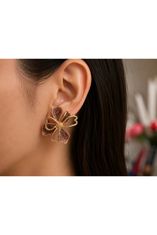 Women's Elegant Coffee Gold Mine Detailed Flower Pattern Steel Earrings