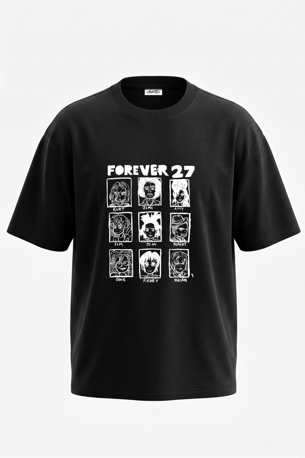 27 Club Design Back Printed Cotton Black Oversize T-Shirt