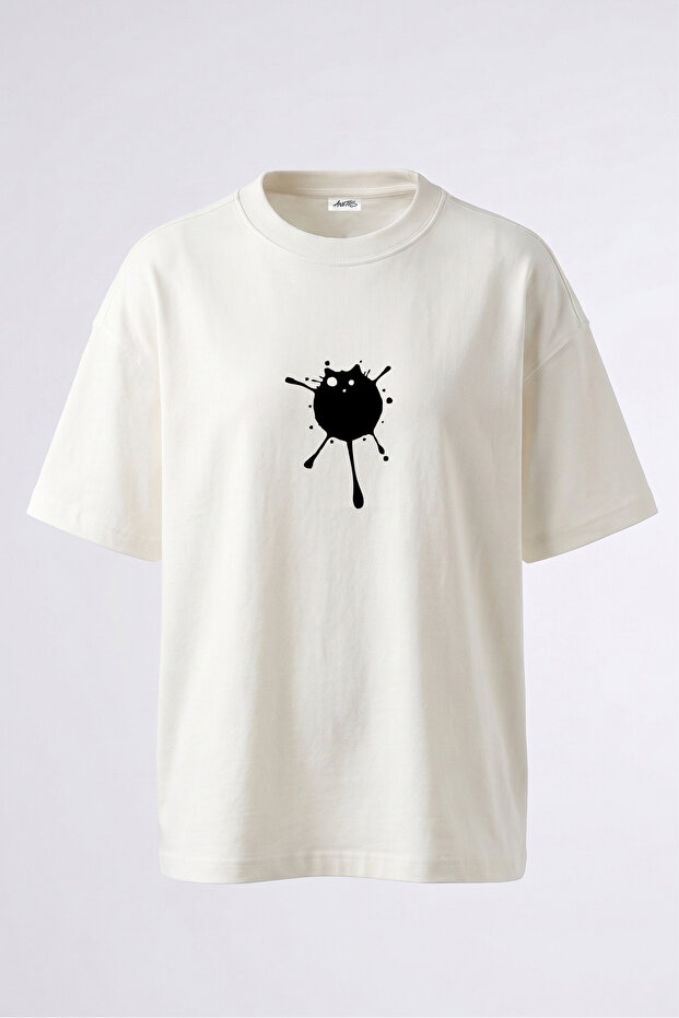 تي شيرت أبيض كبير الحجم من القطن بتصميم Ink Blot Design مطبوع على الظهر