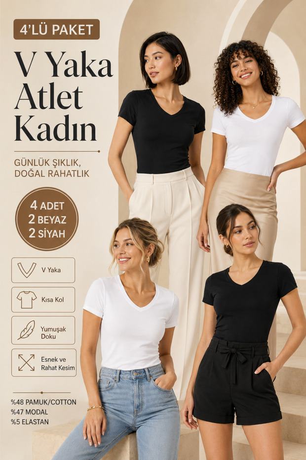 Women's 4-Piece V-Neck Cotton & Modal Short Sleeve Basic Stretch T-Shirt - 4-Piece Advantage Pack