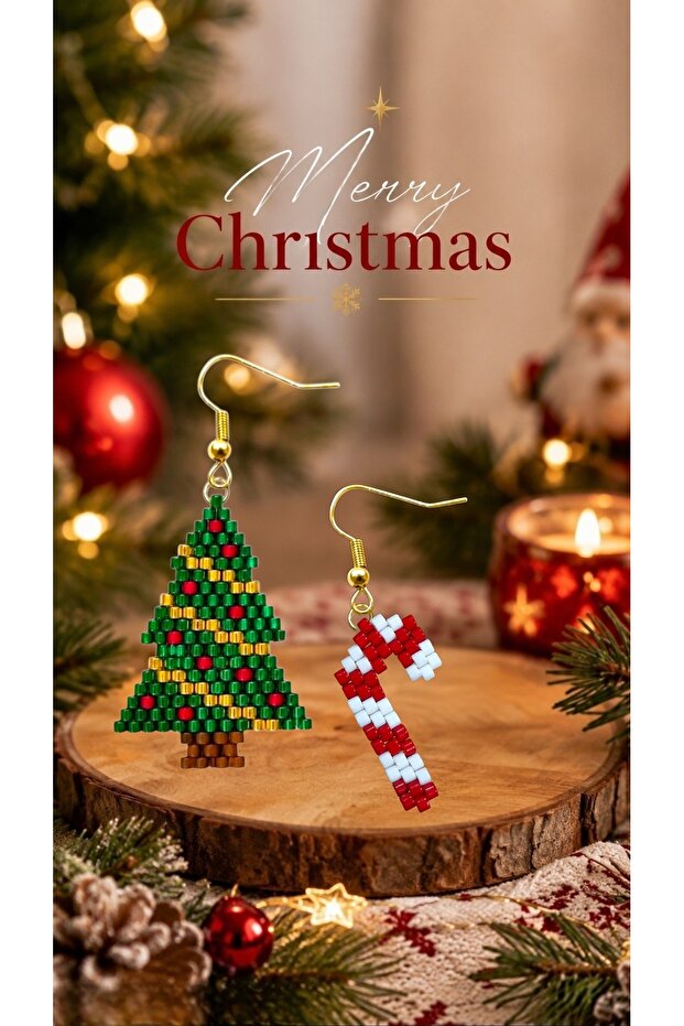 Miyuki Beads Handmade Candy Cane and Pine Tree Earrings New Year Christmas Noel