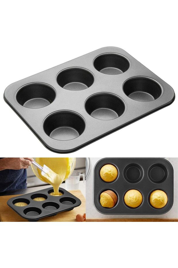Non-Stick 6 CUP Muffin Pan, Carbon Steel Cupcake Baking Tray, Oven-Safe, Easy Release & Easy Clean