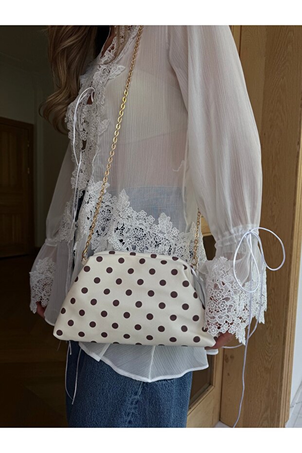 Burslu clutch mini bag - coffee with polka dot cream