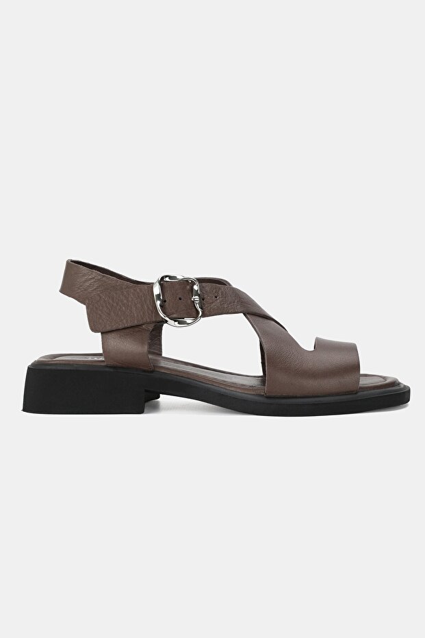 Women's Brown Genuine Natural Leather Strap Sandals with Buckle