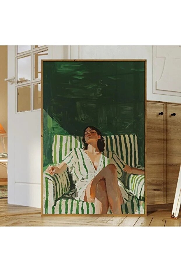 Woman Sitting on a Chair with Stripes Green Tones Decorative Framed Mdf Painting