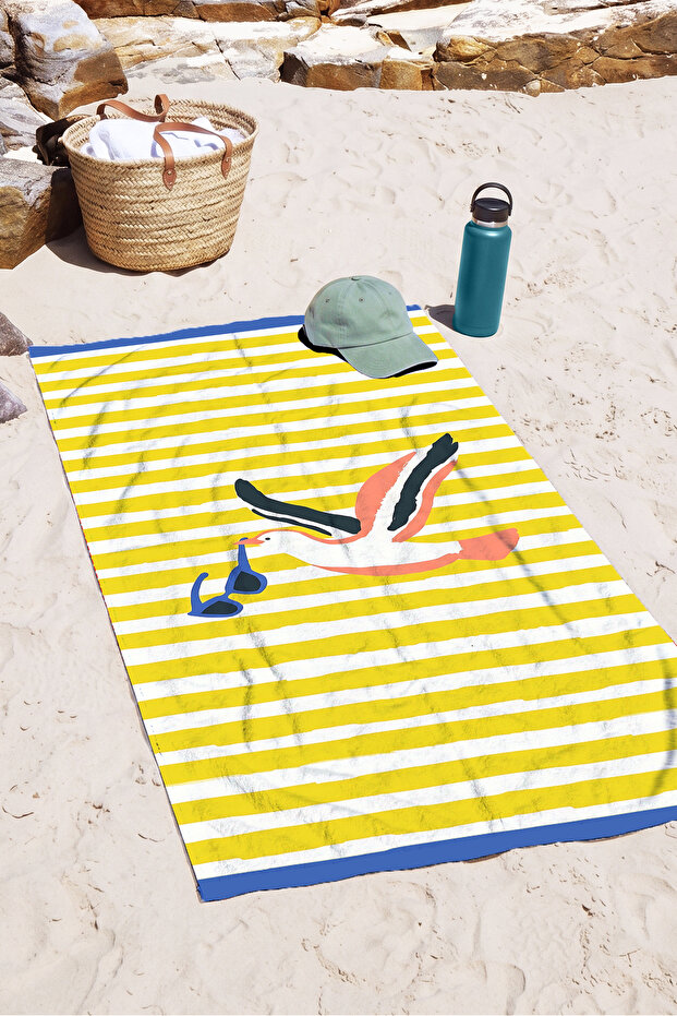 Striped Seagull Figured Beach Towel - Marine Yellow White Pool Sea Bath Quick Drying Beach Cover