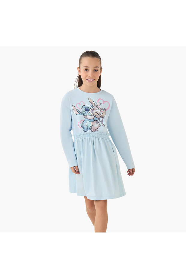 Round Neck Long Sleeves Dress with Lilo and Stitch Print