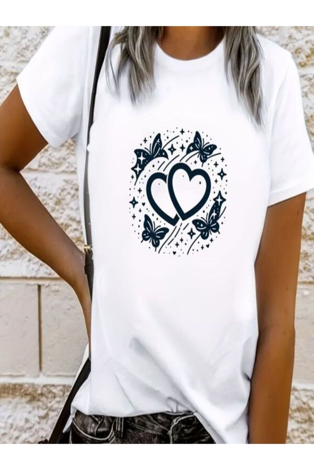 Heart and Butterfly Patterned Oversize T-Shirt