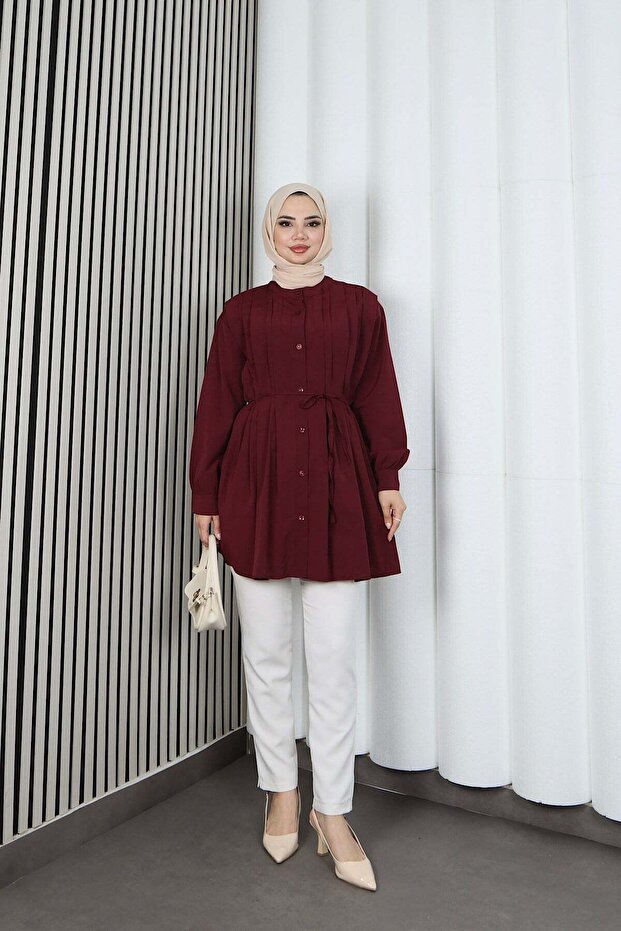 Hakim Collar Pleated Detailed Buttoned Tunic Claret Red Hnt2127