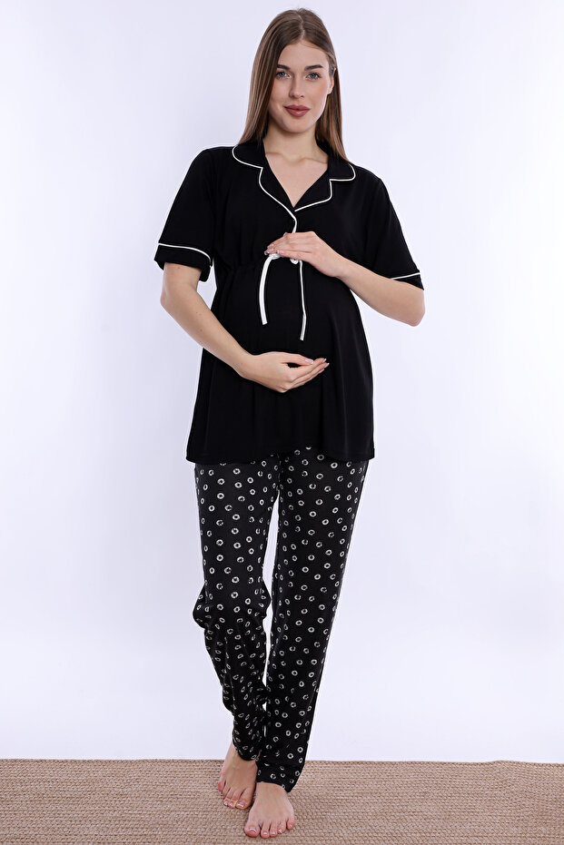 Short Sleeve Soft Textured Cotton Maternity Set Effortt - Black
