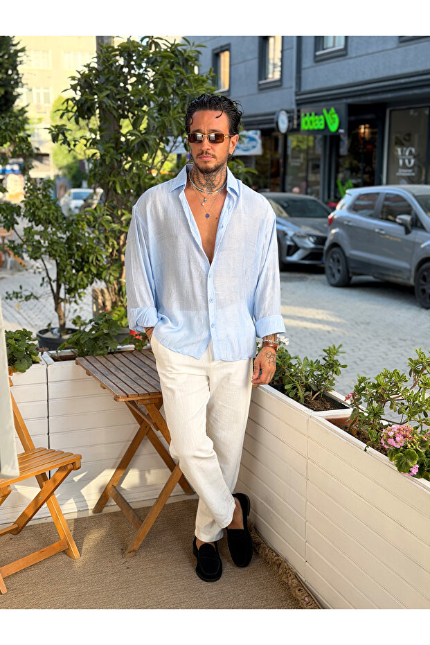 Jacquard Sulfur Oversize Shirt Baby Blue
