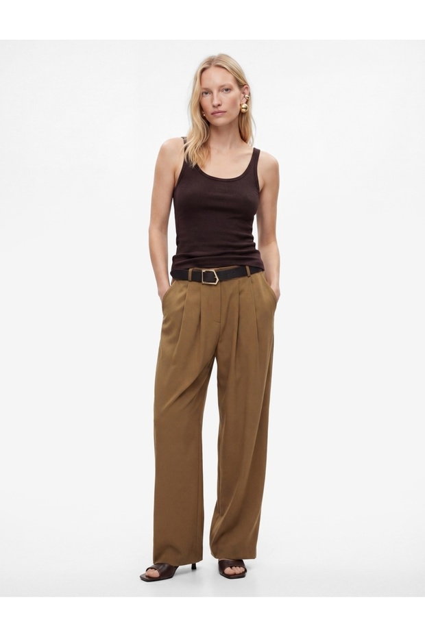 Viscose Blend Belt Detailed High Waist Palazzo Trousers with Pockets - Khaki