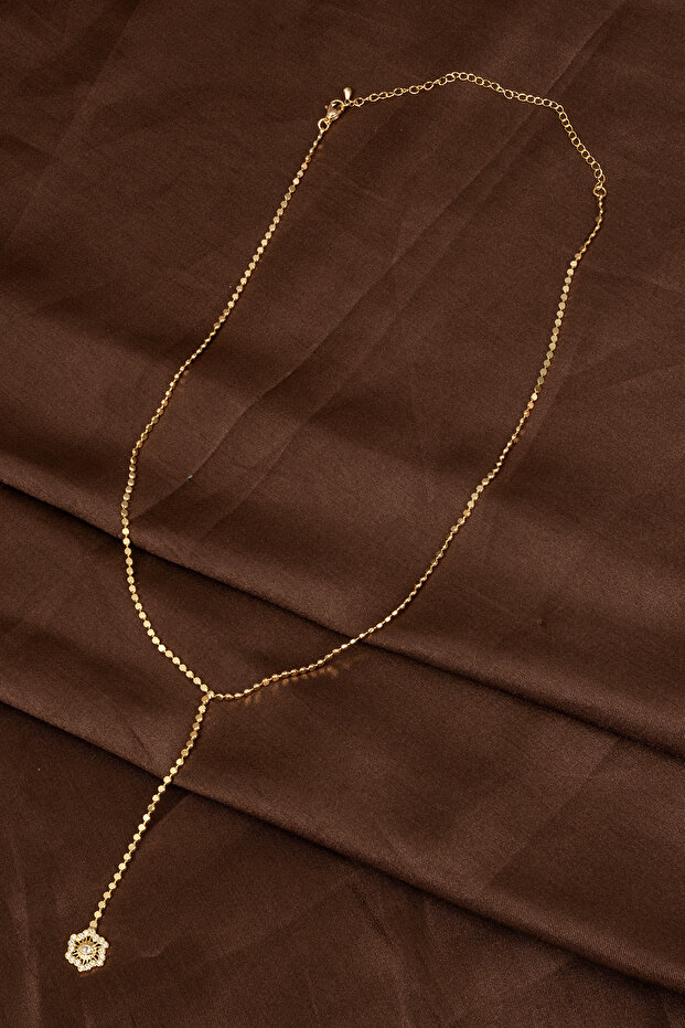 Gold Y Necklace with Eye Figured Stones and Sequin Chain