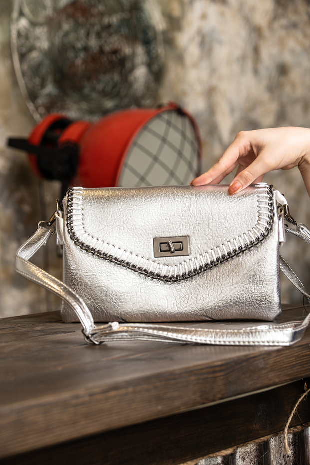 Silver Skin/Leather Women's Detailed Evening Dress Wedding Invitation Clutch Bag