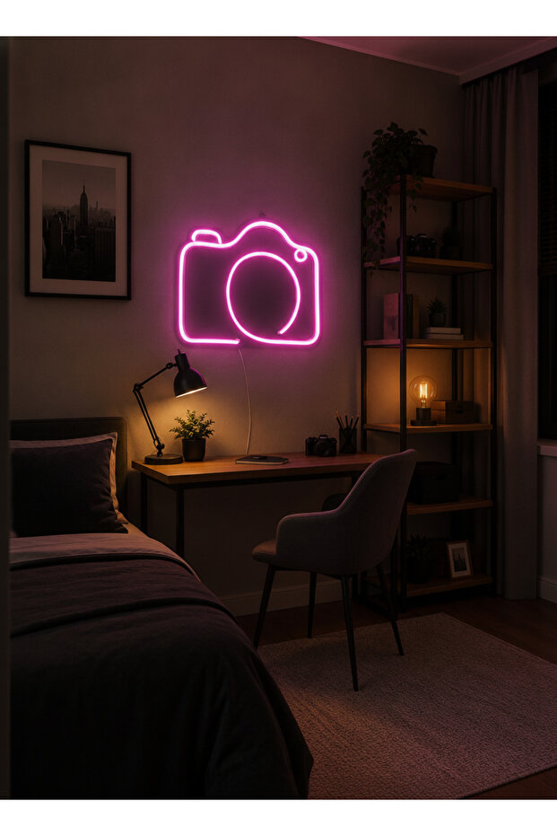 Kamera Figürlü LED Neon Tablo | Pembe Aydınlatmalı Dekor | Fotoğrafçı Hediyesi - 2