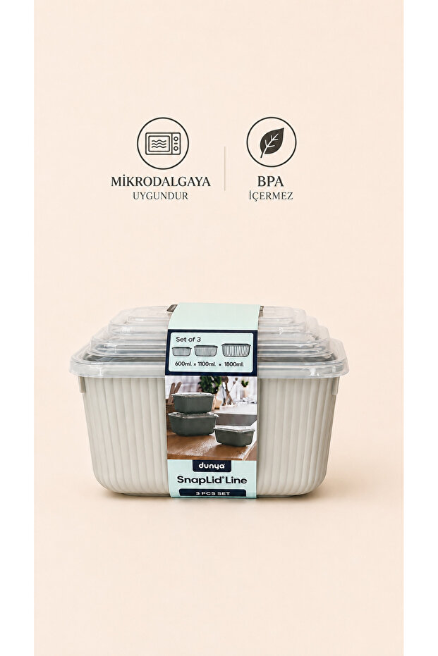 3-Piece Microwave Compatible Storage Container Set 600 ml 1100 ml 1800 ml Food Storage Container for Dining and Refrigerator