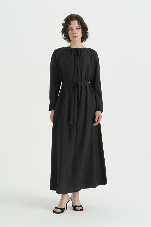 Ribbed Detail Lyocell Dress - Black