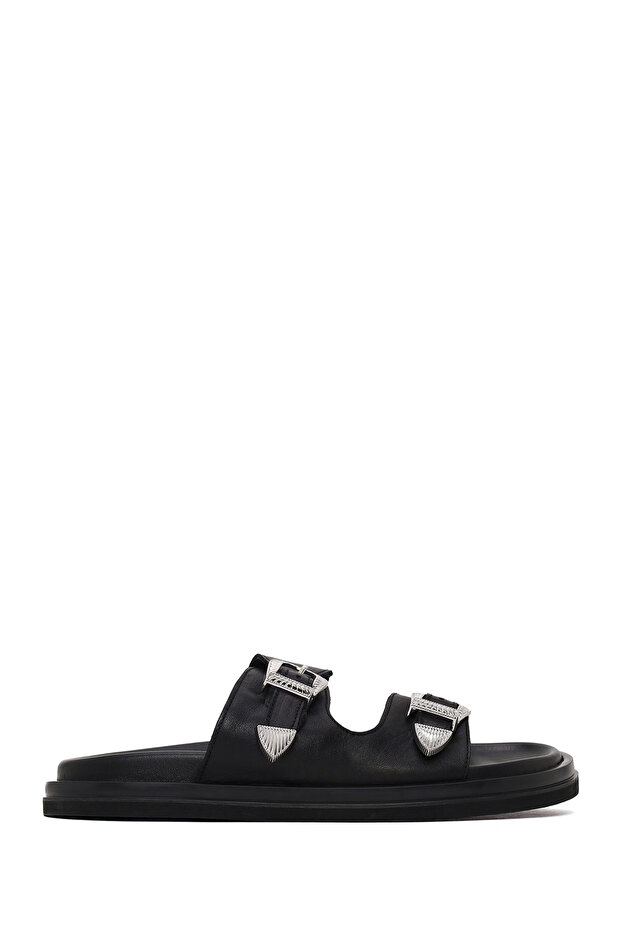 Women's Black Double Buckle Leather Slippers 26Sfd271818