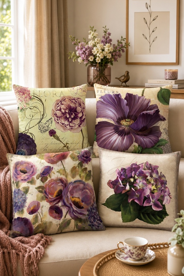 Purple Violet Patterned 4-Piece Throw Pillow Cover Set