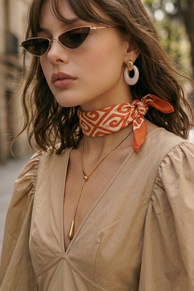 Bohemian Patterned Orange-Cream Bandana Scarf 50X50