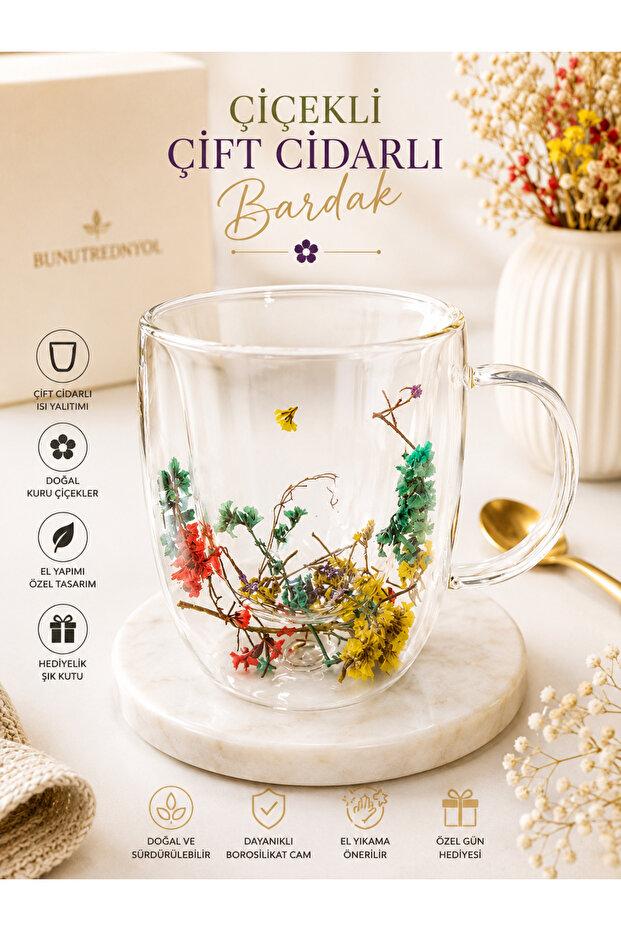 Double Walled Glass Dried Flower Mug with Handle Stylish Durable Coffee Cafe Cup 250ml