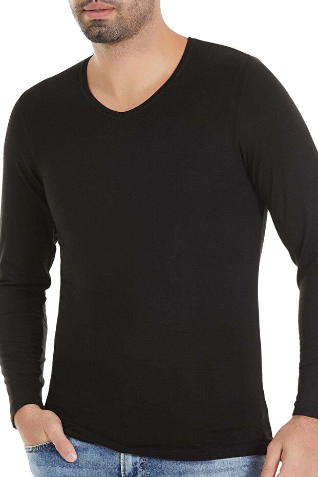 Modal V-Neck Long Sleeve Men's T-Shirt Black