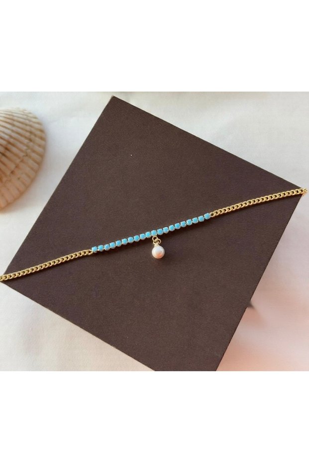 Fd Gold Blue Stone & Pearl Detailed Anti-Tarnish Steel Stylish Anklet