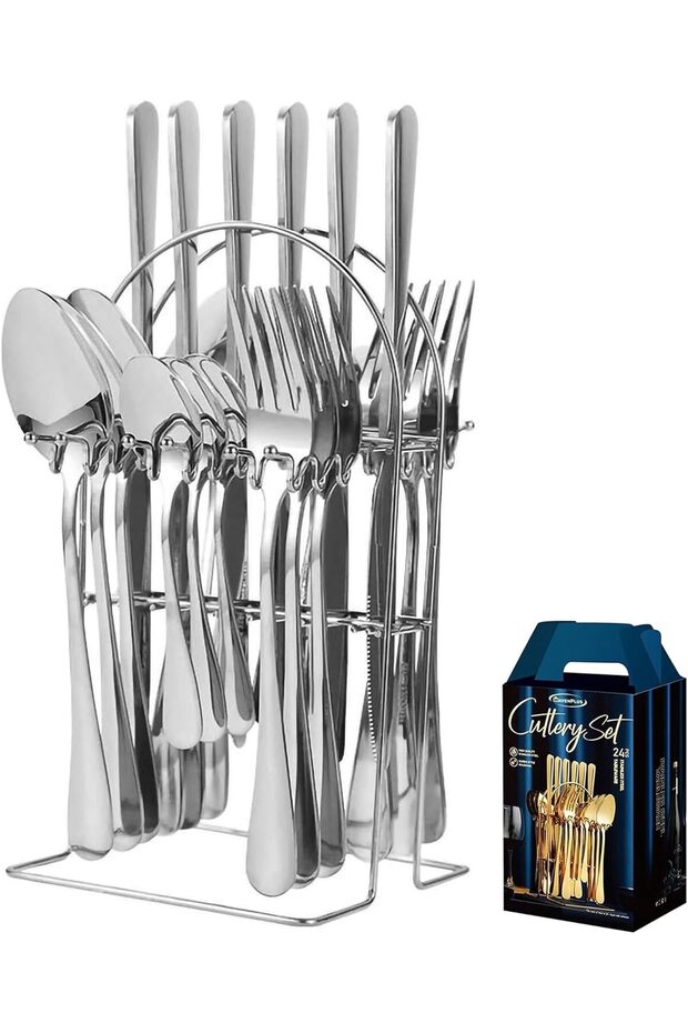 Cutlery Set, 24 Pieces, Silverware Set for 4, Includes Knives Forks Spoons with Stand, Silver