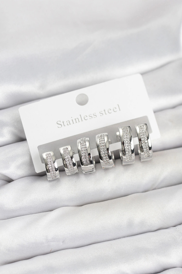 316L Steel Silver Rk Zircon Stone Hoop Earring Set