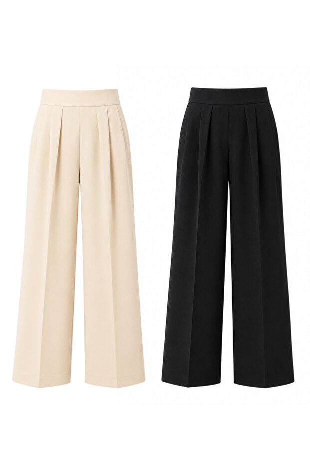 Women's Comfortable Cut Elastic Palazzo Trousers Double Set (Black, Beige)