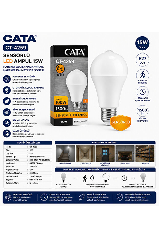CT-4259 Sensörlü LED Ampul 15W E27 Beyaz Hareket Sensörlü Ampul