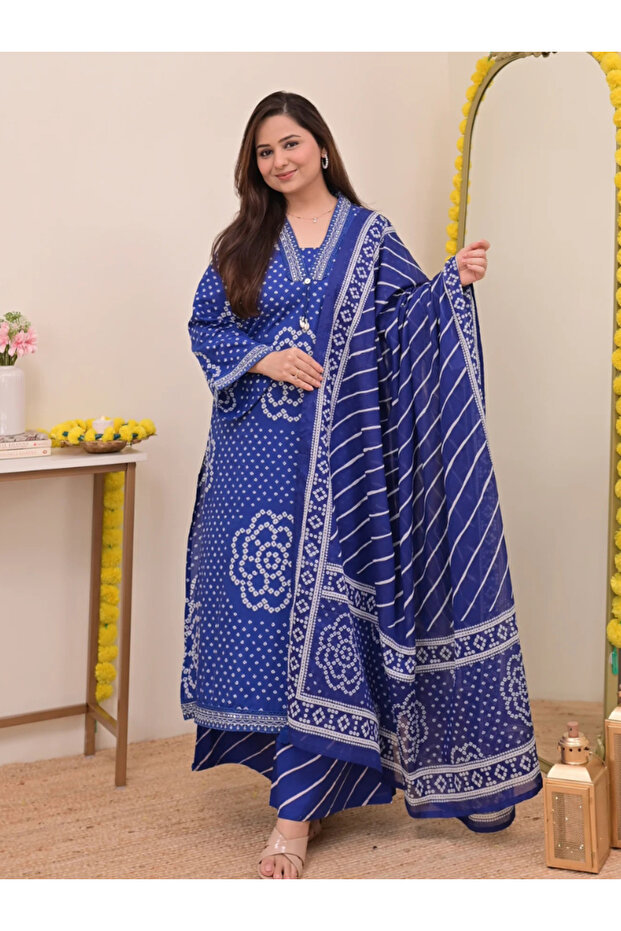 Royal Blue Cotton Bandhani A-Line Suit Set - ALV2118 | Royal Blue