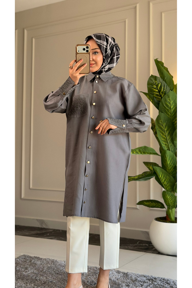 6544 - Comfortable and Stylish Buttoned Pocket Sleeve Pocket Embroidery Detailed Soft Modal Fabric Long Women's Tunic