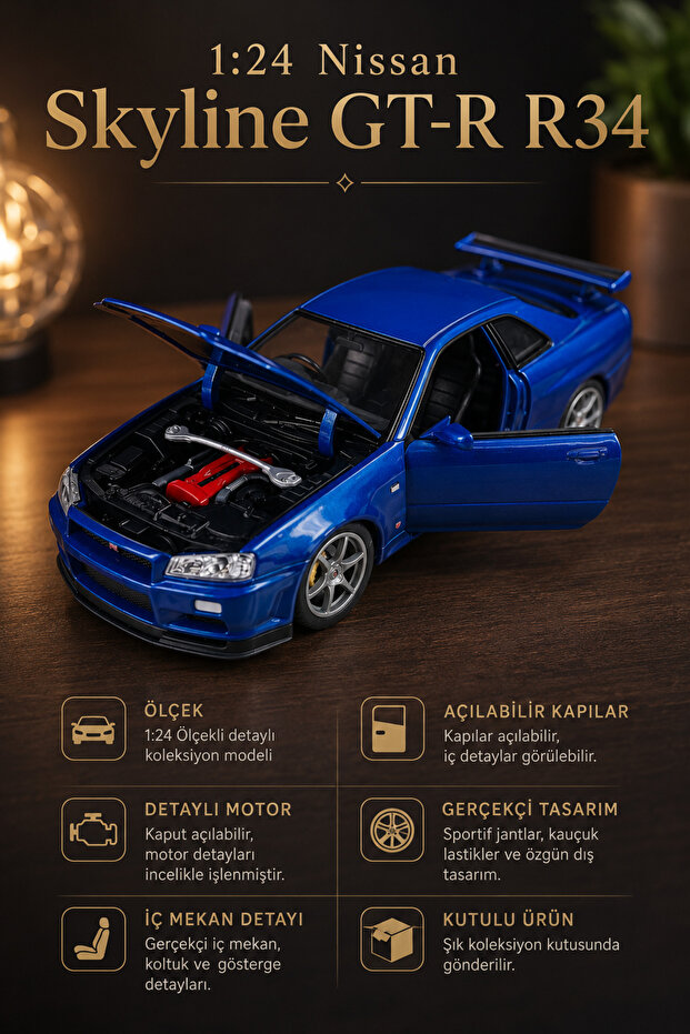 1:24 Scale Skyline Gt-R R34 Blue Diecast Model Car - Openable Doors and Hood