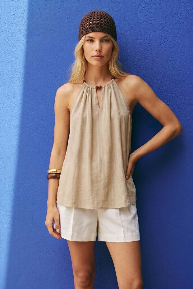 Blouse with Accessory Detail - Beige