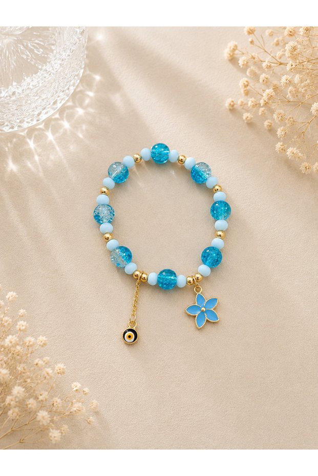 Blue Flower Detailed Evil Eye Beaded Bracelet – Crystal Beaded Women's Bracelet Summer Design