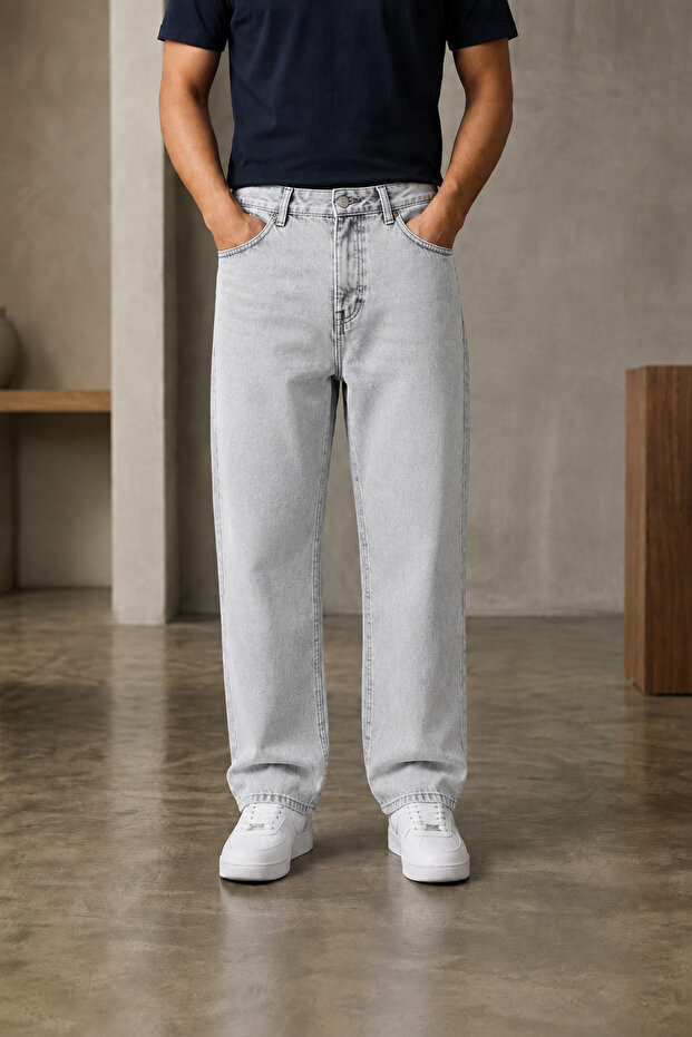 Men's Light Gray Baggy Jean Denim Trousers Wide Cut Loose Leg Casual