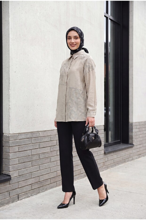 Asymmetrical Embroidered Buttoned Tulle Voile Tunic -Grey