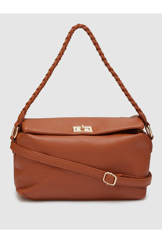 Tan Solid Breaded Strap Handbag - 2