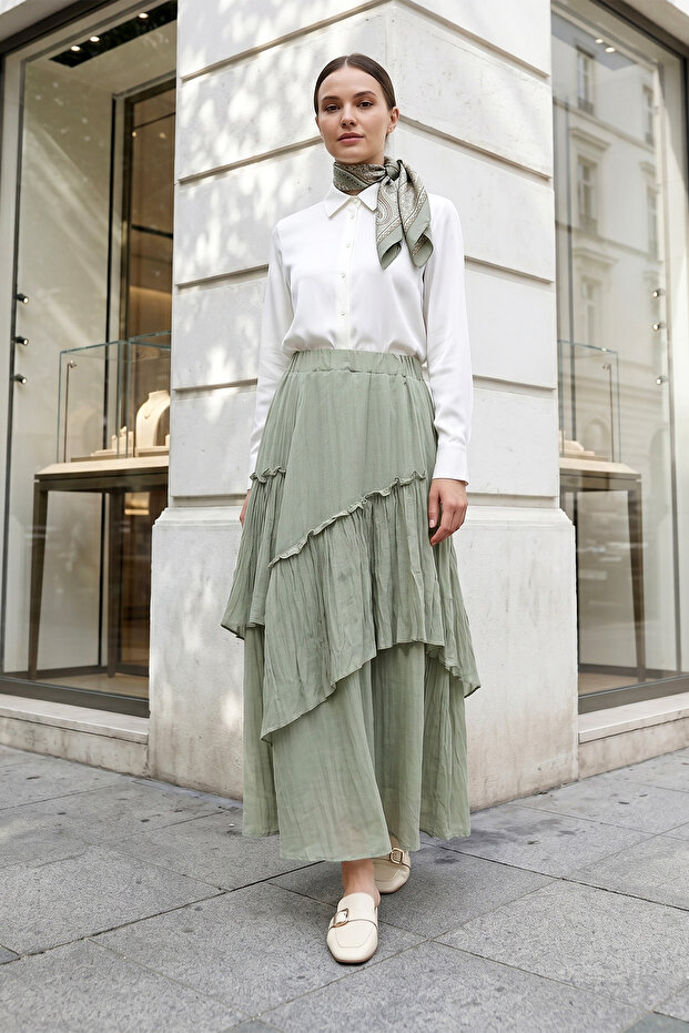 Elastic Waist Layered Voile Skirt – Green