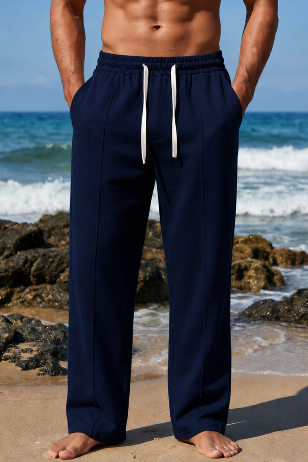 Men's 100% Linen Comfortable Fit Elastic Waist Summer Linen Trousers with Pockets Daily Casual Beach Pants