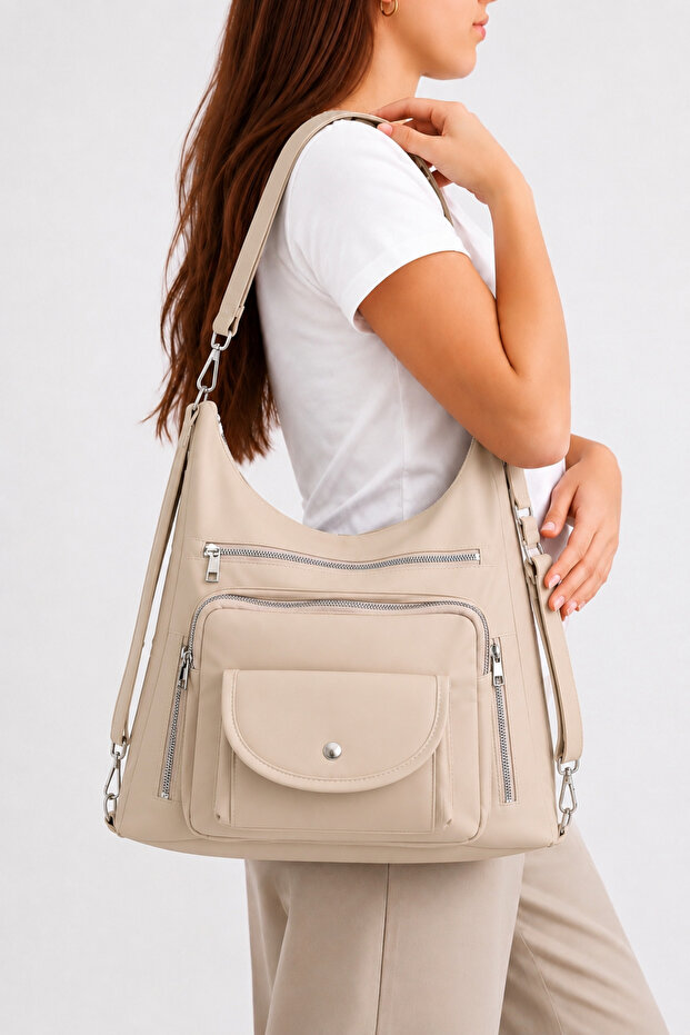 Beige 6-Compartment Backpack and Shoulder Bag with Flap and Pockets – Lined, Multi-Compartment Casual Women's Bag