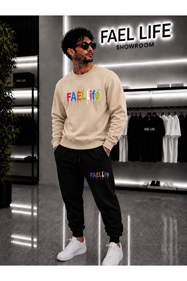 Unisex Wide Cut Zero Neck and Sweatpants Colorful Printed Set