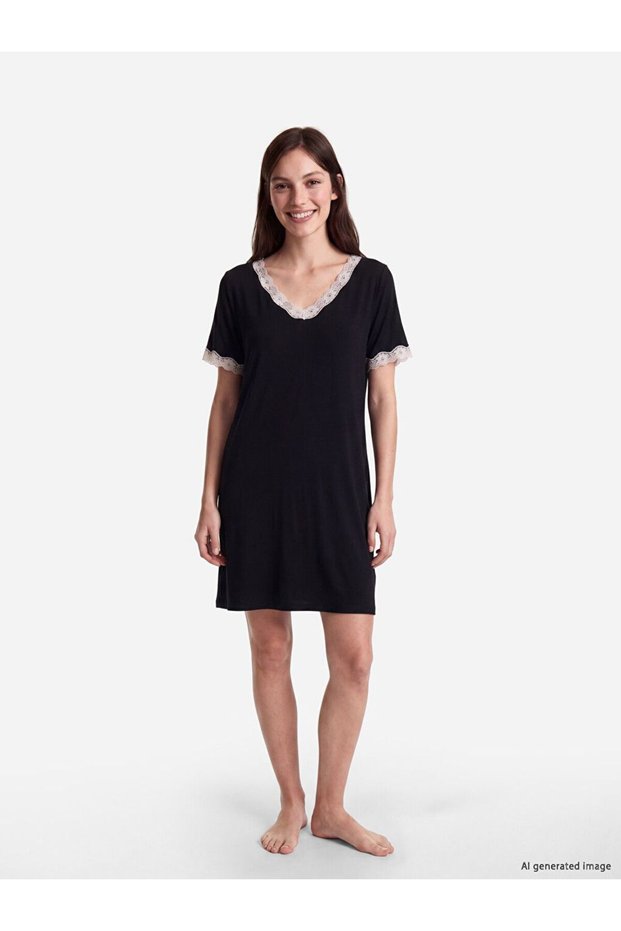 Lcw Dream Black V-Neck Lace Detailed Women's Nightgown