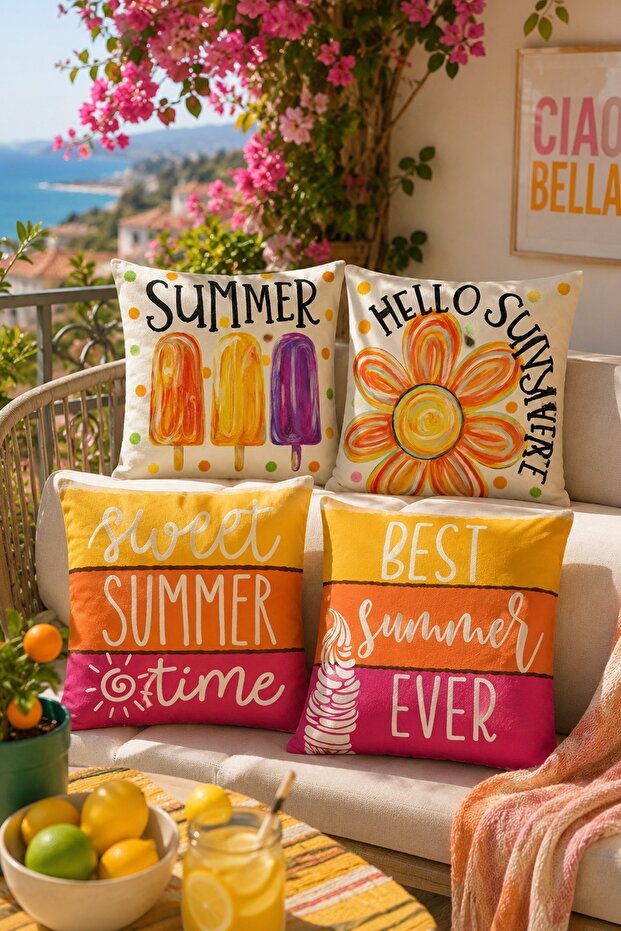 Ice Cream Summer Patterned 4-Piece Throw Pillow Cover Set